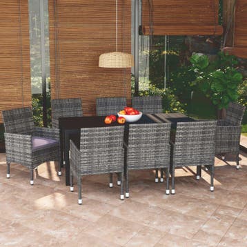 vidaXL 9-delige Tuinset met kussens poly rattan grijs, Verzenden, Nieuw, 8 zitplaatsen, Tuinset