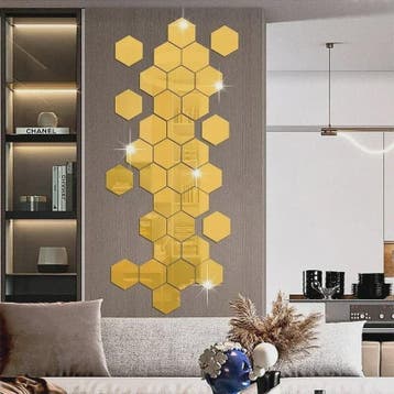 Zelfklevende Hexagon Acryl Spiegel Muursticker - Goud/Zilver, Huis en Inrichting, Verzenden, Nieuw