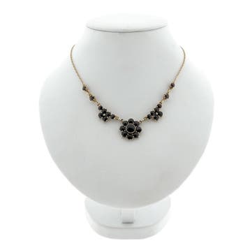 Gouden jasseron schakelcollier met granaat (Ketting), Sieraden, Tassen en Uiterlijk, Kettingen, Gebruikt, Ophalen of Verzenden