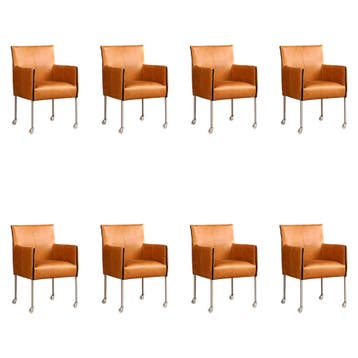 Set van 8 Leren eetkamerstoelen More - Vintage Cognac, Ophalen of Verzenden, Nieuw, Leer
