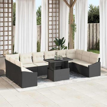 vidaXL Tuin Sofa Set 11 st Zwart en Crème, Verzenden, Nieuw, Rotan, Meer dan 8 zitplaatsen
