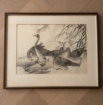 boekprent van 5 ganzen - Imao Keinen (1845-1924) - Japan -