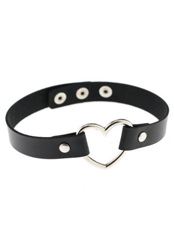 KIMU® Choker Zwart Hartje Pu Leer Collar Ketting Hart Halsba, Kunststof, Verstelbaar, Zwart, Nieuw