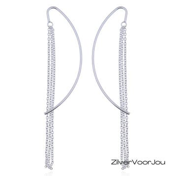 Zilveren doorhaaloorbellen met ketting sliertjes, Verzenden, Nieuw, Zilver