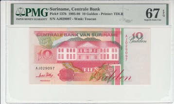 1996 Suriname 10 Gulden Pick 137b Pmg Superb Gem Unc 67 Epq, Verzenden