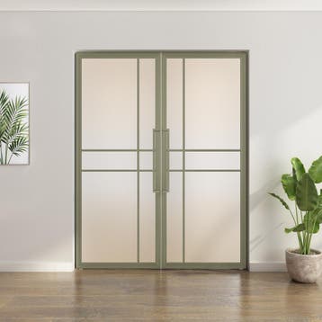 Dubbele stalen taatsdeur 6 Vlaks Olijfgroen Mat glas Luxe de, Minder dan 80 cm, Overige typen, Nieuw, Metaal