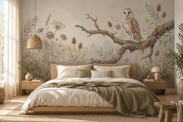 Uil fotobehang woonkamer – bloemen behang op maat, Verzenden, Fotobehang