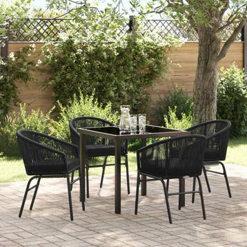 vidaXL Tuin eettafelset 5 pcs Zwart Gepoedercoat staal, Verzenden, Nieuw, Rotan, 5 zitplaatsen