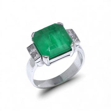 Ring Vintage 18kt witgoud 5 ct smaragd- en diamantring, Nieuw