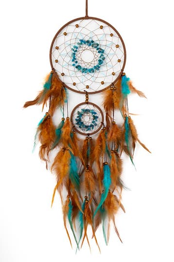 KIMU® Dromenvanger Bruin Turquoise Dreamcatcher Veren Macram, Ophalen of Verzenden, Nieuw, Feestartikel, Carnaval