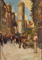 Italiaanse school (XX) - Scena di strada con torre medievale