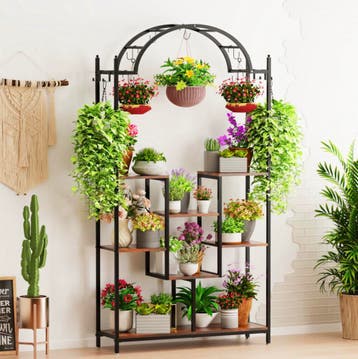 5-Laags Hoge Plantenstandaard met Ophanghaken Metaal en Hout, Tuin en Terras, Verzenden, Nieuw, Hout, Balkon