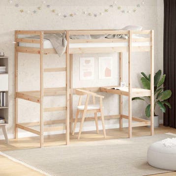 vidaXL Hoogslaper met bureau massief grenenhout 90x200 cm, 90 cm, Eenpersoons, Bruin, Verzenden