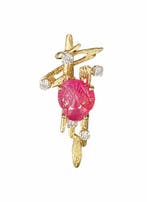 Hanger - 18 karaat Geel goud Robijn - Diamant - Ruby Scarab
