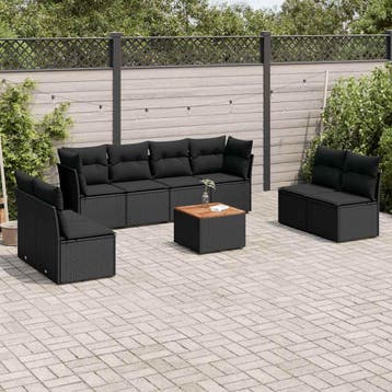 vidaXL 9-delige Loungeset met kussens poly rattan zwart, Tuin en Terras, Verzenden, Nieuw, Loungeset