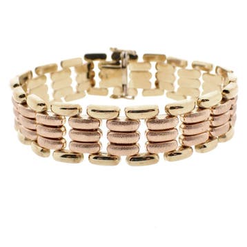 Vintage bicolor gouden brede schakelarmband, Ophalen of Verzenden, Gebruikt, Goud, Goud