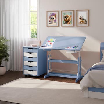 Bureau in hoogte verstelbaar en verrijdbare ladekast - blauw, Verzenden, Nieuw