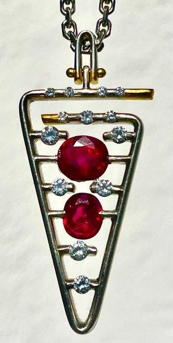 Ketting met hanger Platina Robijn - Diamant - Handgemaakt, Sieraden, Tassen en Uiterlijk, Antieke sieraden