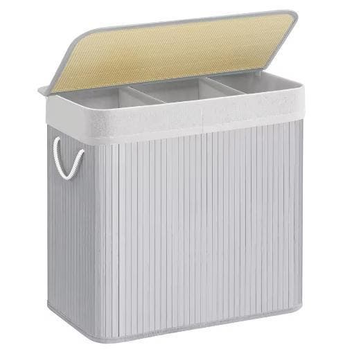 Wasmand met Deksel en 3 Compartimenten – Bamboe, Huis en Inrichting, Badkamer | Badkamermeubels, Nieuw, Verzenden