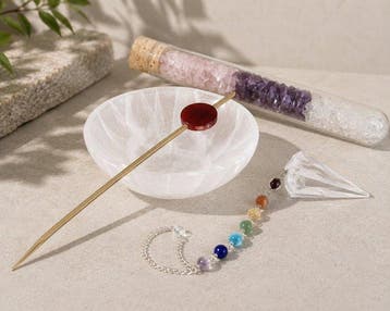 Edelstenen Set – Seleniet – 7 Chakra Pendel – Bergkristal,