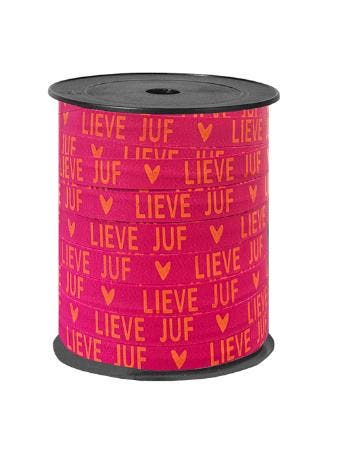 5m Sierlint roze met oranje Lieve Juf - krullint - cadeau..., Diversen, Ophalen of Verzenden, Nieuw