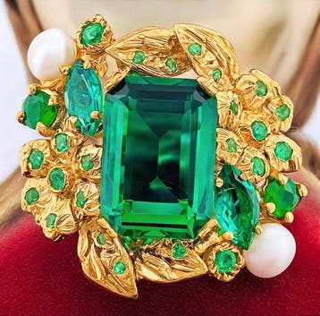 Zonder minimumprijs - Ring - 9 kt. Geel goud, Zilver Smaragd, Sieraden, Tassen en Uiterlijk, Nieuw
