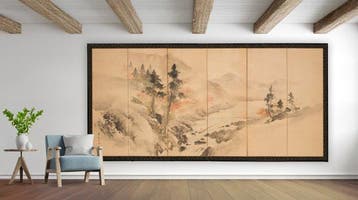 Vouwscherm met landschap in Nanga-stijl - Papier, gelakt