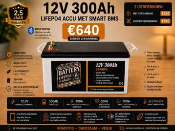 Accu 12V 300Ah Krachtige LiFePO4 Lithium Accu Met Bluetooth, Ophalen of Verzenden, Nieuw