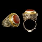 Islamitisch Zilver Ring met gelaagde Eye agaat cabochon, Antiek en Kunst