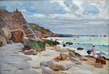 Louis Agricol Montagne (1879-1960) - Plage animée en, Antiek en Kunst