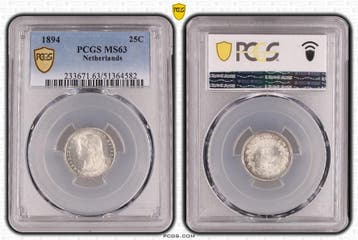 Koningin Wilhelmina 25 cent 1894 MS63 PCGS (pop 6/5), Postzegels en Munten, Verzenden, Zilver, 25 cent, Koningin Wilhelmina