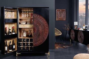 Massieve XXL barkast MANDALA 140 cm mangohout zwart goud, Ophalen of Verzenden, Nieuw