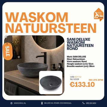 Ronde natuursteen waskom grijs 38 cm - OUTLET, Huis en Inrichting, Badkamer | Badkamermeubels, Minder dan 50 cm, Nieuw, Ophalen of Verzenden