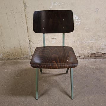 1x Galvanitas S16 Schoolstoel Cementgrijs / Donkerbruin Gebr, Gebruikt, Bruin, Hout