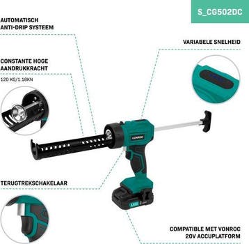 2dekans | VONROC Accu Kitspuit 20V - duwkracht 1.18kN/120kg, Ophalen of Verzenden, Zo goed als nieuw