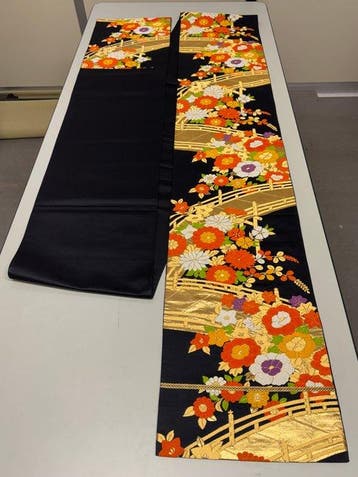 Japanse vintage kimono Fukuro Obi zijde zwarte borduursel