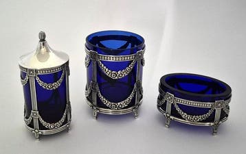 Mema 925S - Zout- en pepervaatjes (3) - tafelset met blauw, Antiek en Kunst, Antiek | Goud en Zilver