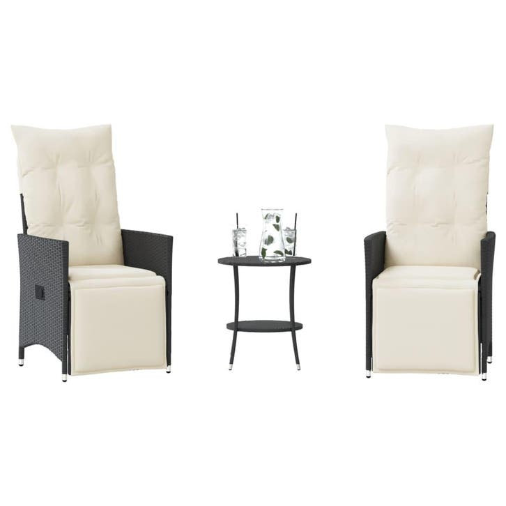 vidaXL 3-delige Bistroset met kussens poly rattan zwart, Tuin en Terras, Tuinsets en Loungesets, Nieuw, Verzenden