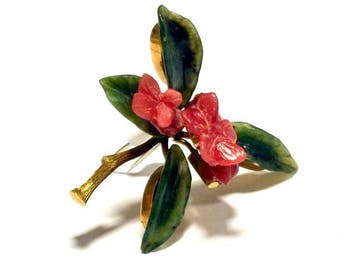 Broche - 18 karaat Geel goud Robijn - Jade - Robijn jade