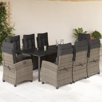 vidaXL 9-delige Tuinset met kussens poly rattan grijs, Verzenden, Nieuw, 8 zitplaatsen, Tuinset