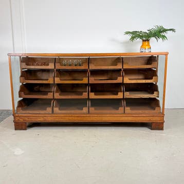 Massief Eiken Winkeltoonbank met 16 Lades & Glas – ca. 1940, Ophalen of Verzenden