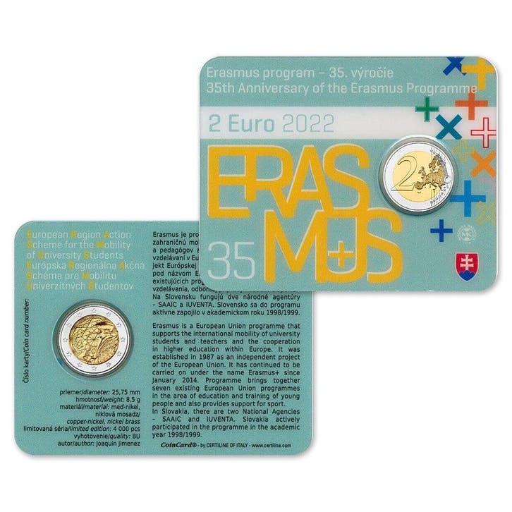 Slowakije 2 Euro Erasmus 2022 BU Coincard, Postzegels en Munten, Munten | Europa | Euromunten, Verzenden