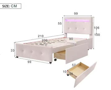 Gestoffeerd Eenpersoonsbed 90x200 met LED en 2 Opbergladen, Huis en Inrichting, Slaapkamer | Bedden, Verzenden, Nieuw