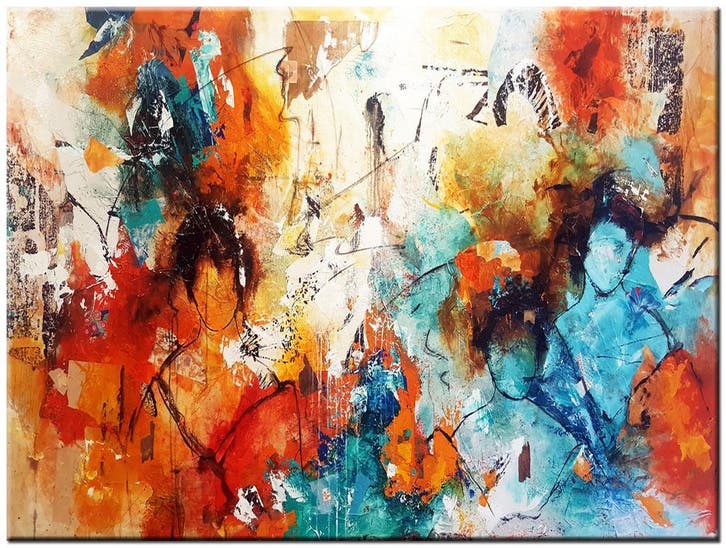 Abstract olieverf schilderij 120x90cm - Abstracte Ontmoeting, Antiek en Kunst, Kunst | Schilderijen | Abstract, Ophalen of Verzenden