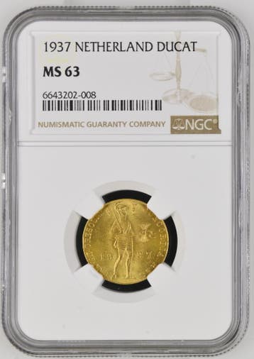Gouden Enkele Dukaat 1937 MS63 NGC gecertificeerd (Pop 11/1), Verzenden, Munten