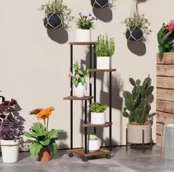 Design Plantenstandaard 5 Niveaus Hout en Staal Met Wielen, Verzenden, Nieuw
