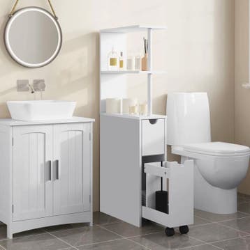 Witte Badkamer Niskast met Lade en Wielen – 45x19x113cm, (Half)hoge kast, Minder dan 50 cm, Verzenden, 100 tot 150 cm