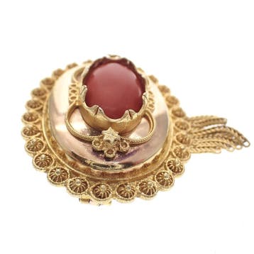 Antiek gouden broche met bloedkoraal; Filigrain, Gebruikt, Overige kleuren, Ophalen of Verzenden, Met edelsteen