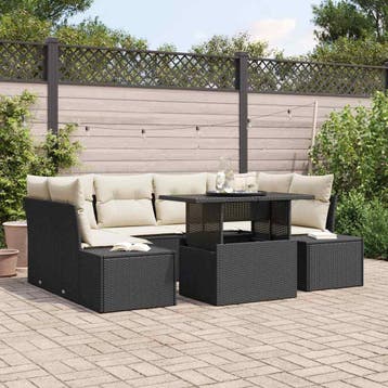 vidaXL Tuin Sofa Set 7 st Zwart en Crème, Verzenden, Nieuw, Rotan, 7 zitplaatsen