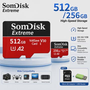 Snelle Micro SD Kaarten (128GB/256GB/512GB) voor Drone, Dash, Verzenden, Nieuw
